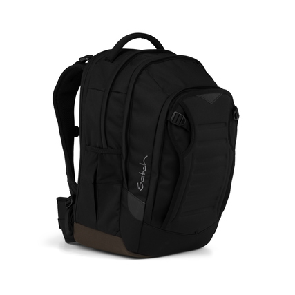 Schwarzer Schulrucksack mit sportlichem Design und seitlichen Taschen, Seitensichtansicht.