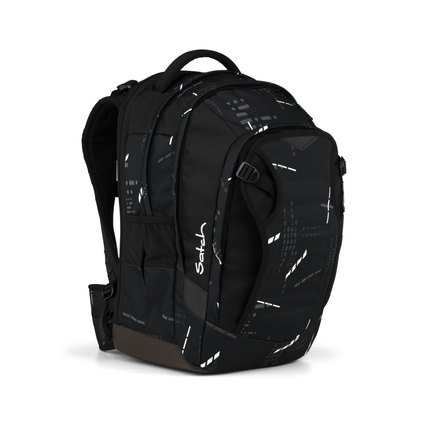 Schwarzer Schulrucksack mit sportlichem Design und grafischem Muster, seitlich abgebildet.