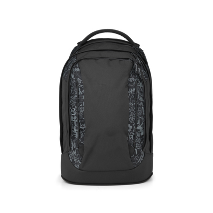 Schwarzer Schulrucksack mit grauem Innenfutter und grafischem Muster, frontal aufgenommen.