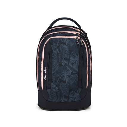 Schulrucksack mit floralem Muster in Dunkelblau und Rosé-Details, frontale Ansicht.