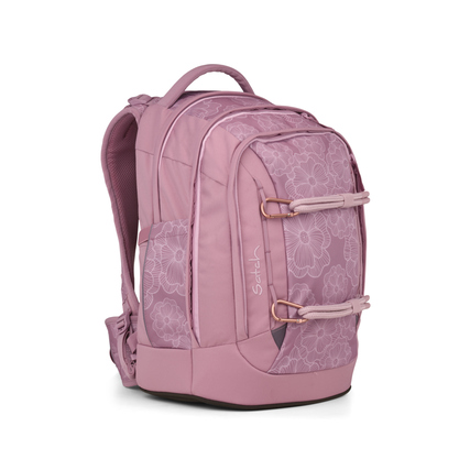 Satch Schulrucksack pack Magnolia Dream in Rosa mit floralen Mustern, seitlich in Ansicht.
