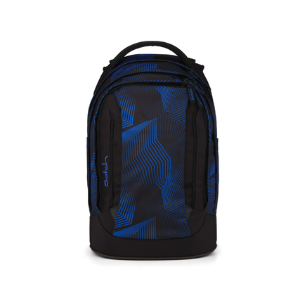 Schulrucksack in Seismic Blue mit geometrischem Muster und mehreren Fächern.