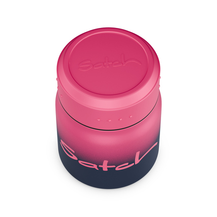 Thermo Lunchbox in pink mit auslaufsicheren Verschlüssen und Löffel, oben aufgenommen.