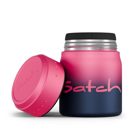Thermo Lunchbox in Pink und Grau mit einem abnehmbaren Deckel und Satch-Logo.