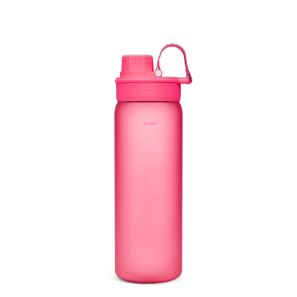 Pinkfarbene Sporttrinkflasche mit einem Volumen von 650 ml und einem Schraubverschluss.