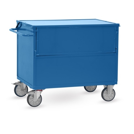 Blauer Transportwagen mit einteiligem Deckel, Gasdruckfedern und Rollen.