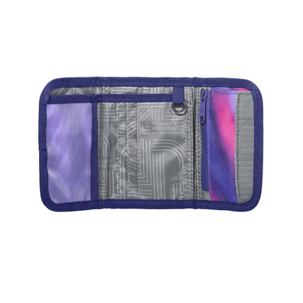 Geldbörse in lila Farben mit Fächern für Geld und Karten, innen liegendes Sichtfenster.