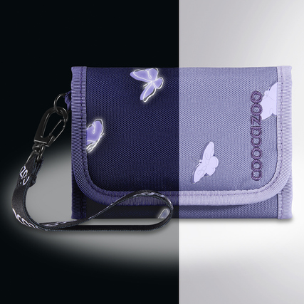 Geldbörse mit reflektierenden Schmetterlingsmotiven und Handschlaufe in lila Blau.