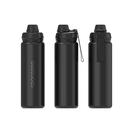 Schwarze Edelstahl-Trinkflasche mit Drehverschluss und Handschlaufe in drei Ansichten.