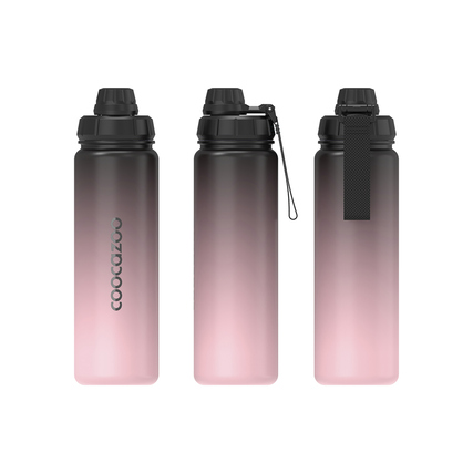 Edelstahl-Trinkflasche in Farbverlauf von Rosa mit praktischer Handschlaufe und Drehverschluss.