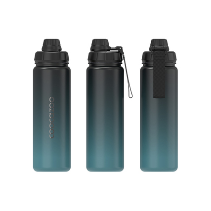 Edelstahl-Trinkflasche in Farbverlauf von Teal mit Drehverschluss und Handschlaufe.