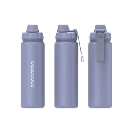 Edelstahl-Trinkflasche in Lavendel mit praktischer Handschlaufe und Drehverschluss.