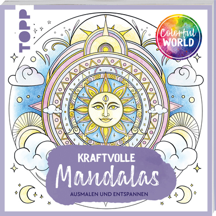 Cover eines Malbuchs mit dem Titel "Kraftvolle Mandalas", dekoriert mit bunten Mandalas und Wolken.