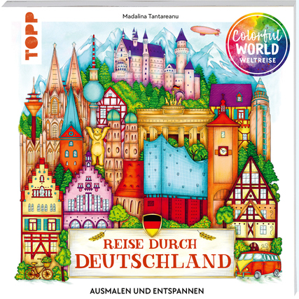 Malbuch mit bunten Illustrationen von Sehenswürdigkeiten Deutschlands auf dem Cover.