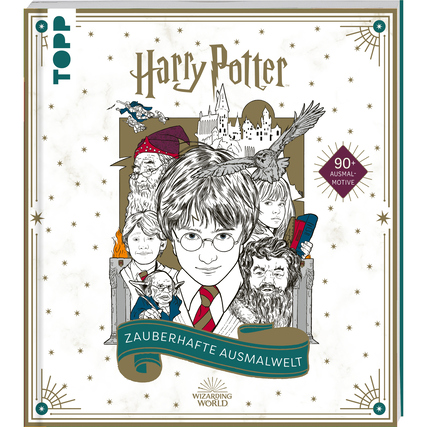 Malbuch mit Illustrationen aus der Harry-Potter-Welt und gold-glänzenden Highlights.