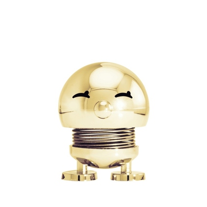 Goldene Hoptimist Dekorationsfigur Bimble S mit rundem Kopf und lächelndem Gesicht.