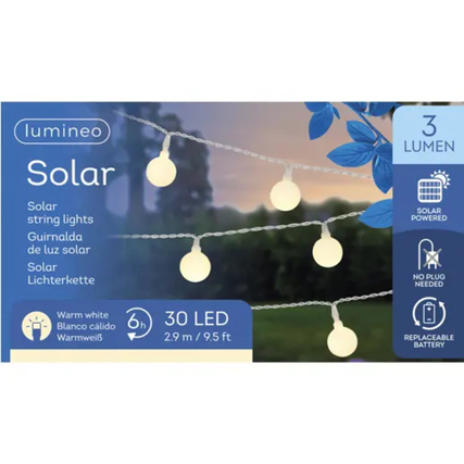 Solar-Lichterkette mit 30 warmweißen LEDs auf einem blauen Hintergrund.