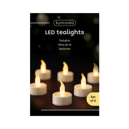 LED-Teelichter in einem Set von sechs, mit flackerndem Licht und klassischer Teelicht-Optik.
