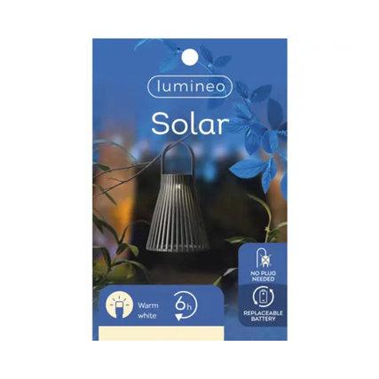 Schwarze Solarleuchte im modernen Design, abgebildet auf Kartonverpackung mit Pflanzenmotiv.