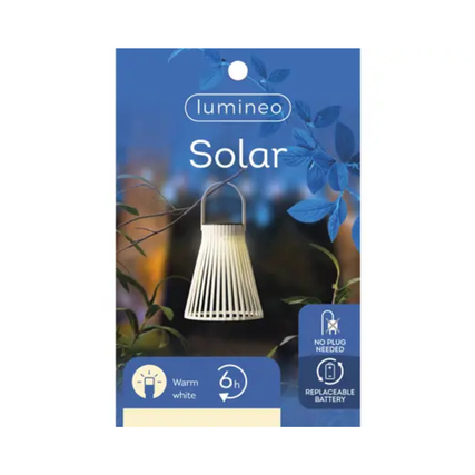 Solarleuchte in weiß, verpackt, mit Angaben zu warmweißem Licht und austauschbarer Batterie.