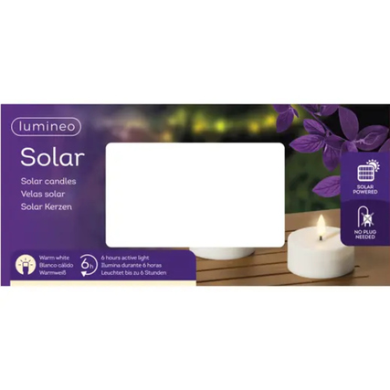 Weißes Solar-Teelicht auf abgebildetem Hintergrund mit Pflanzenmotiven und Beschriftung.