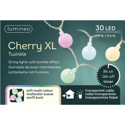 Lichterkette mit bunten LEDs und transparentem Kabel, ausgestattet mit Timer und Twinkle-Effekt.