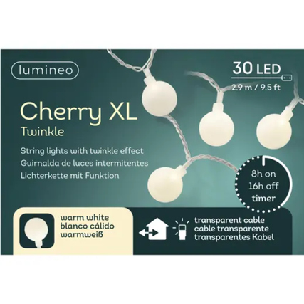 Lichterkette Cherry XL Twinkle mit 30 LED, warmweißem Licht und transparentem Kabel auf Verpackung.