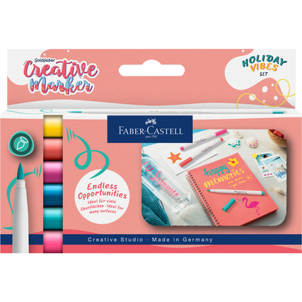 Pinselstift-Set mit 6 Goldfaber Creative Markern auf einem Verpackungsdesign in leuchtenden Farben.