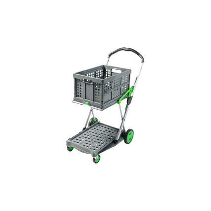 Transportwagen mit zwei Etagen für Klappboxen und Getränkekisten, graues und grünes Design.