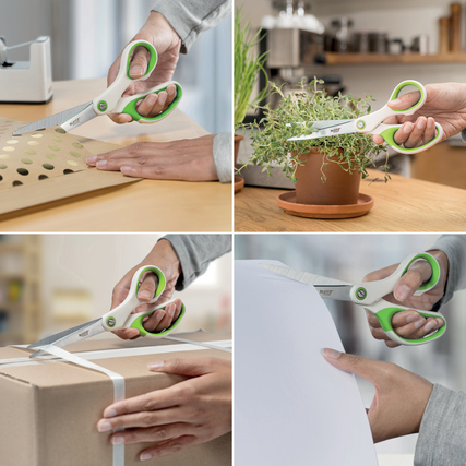 Grüne Leitz Universalschere in Verwendung beim Schneiden von Papier, Karton und Pflanzen.