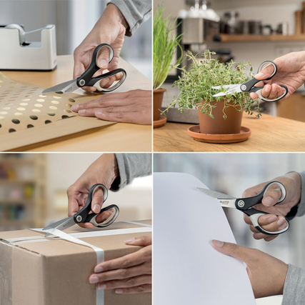 Schwarz-weiße Universalschere von Leitz, die in vier Nutzungsszenarien gezeigt wird.