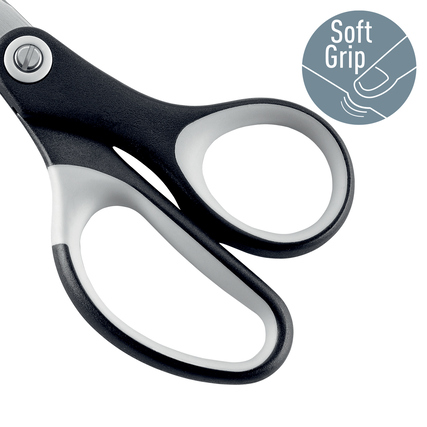 Schwarz-weiße Universalschere mit asymmetrischen Griffen und Soft-Grip-Oberfläche.