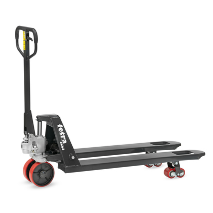 Robuster fetra Hubwagen mit ergonomischem Griff und reflektierenden Logo-Aufklebern.