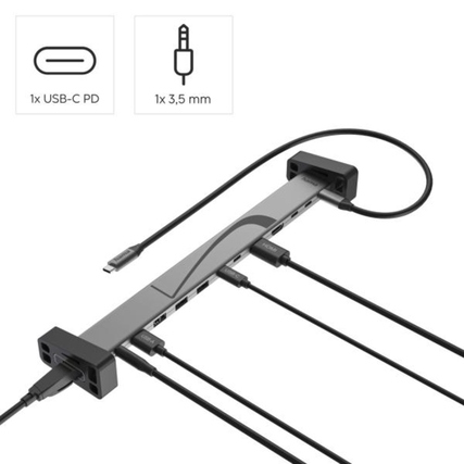 Hama Dockingstation Connect2Office Work 29,1 x 6 x 2,8 cm (B x H x T) USB 1 x USB-C (PD, max. 100 W), 2 x USB-C 3.2 Gen 2, 1 x USB-A 3.2 Gen 2, 3 x USB-A 2.0, 2 x HDMI, 1 x DIsplayPort, 1 x LAN, 1 x 3,5 mm Klinkenbuchse