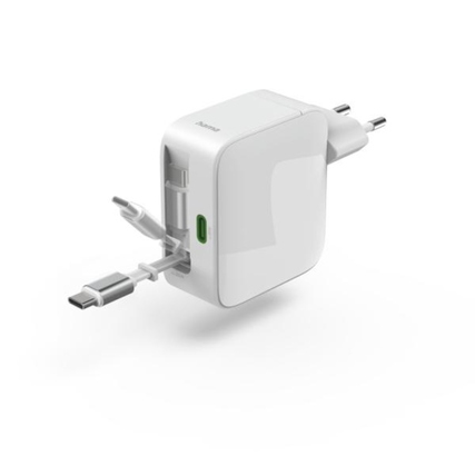 Schnellladegerät mit ausziehbarem USB-C-Kabel für bis zu zwei Geräte gleichzeitig.