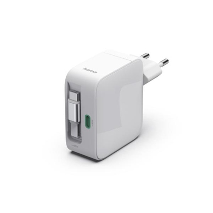 Schnellladegerät mit ausziehbarem USB-C-Kabel, kompaktes Design und zwei Ladeanschlüssen.