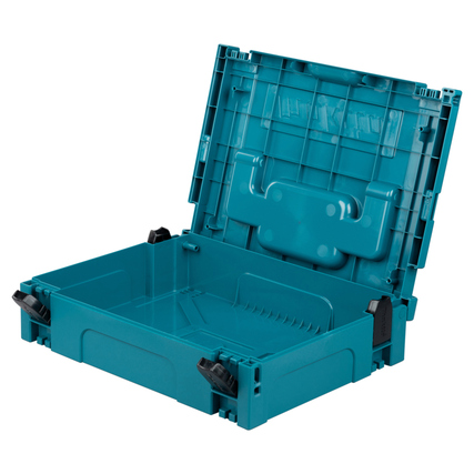 Offener Werkzeugkoffer in Türkis mit zwei vorderen Verschlüssen zur Verbindung mit anderen Koffern.