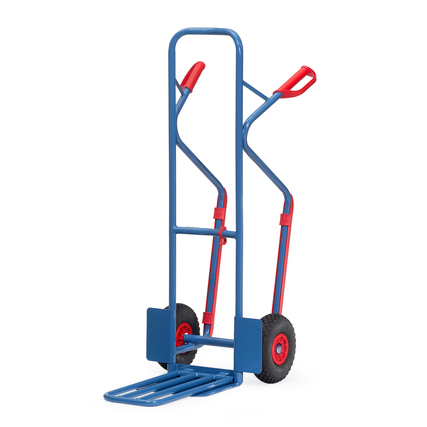 Handwagen mit Klappschaufel, stabiler Rahmen und Sicherheitsgriffen in Blau und Rot.
