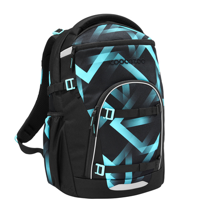 Schulrucksack COOCAZOO BYTE in Schwarz mit blauen geometrischen Mustern, seitliche Ansicht.