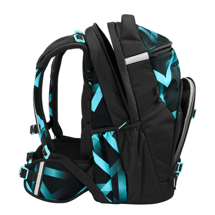 Schulrucksack COOCAZOO BYTE Laser Lights in seitlicher Ansicht mit geometrischem Muster.