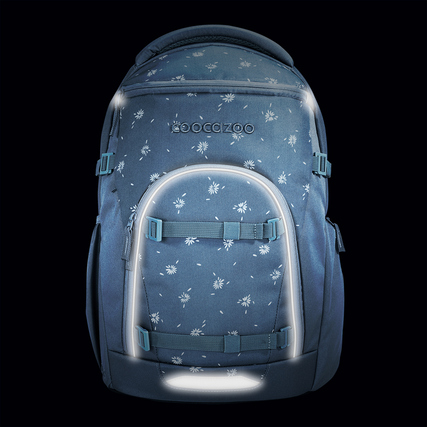 Schulrucksack COOCAZOO BYTE in blauer Farbe mit floralem Muster und reflektierenden Details.