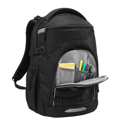 Schwarzer Schulrucksack mit gepolstertem Laptopfach und Organizer-Taschen im Innenraum.