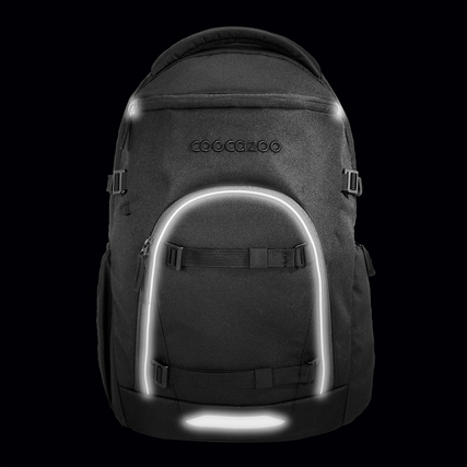 Schwarzer COOCAZOO Schulrucksack BYTE mit reflektierenden Flächen und Fronttasche.