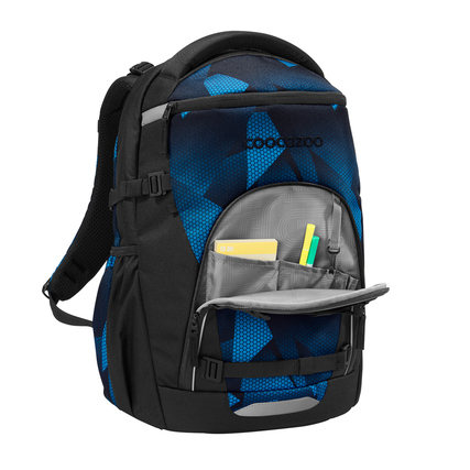 Schulrucksack COOCAZOO BYTE Electric Ice mit mehreren Fächern und Organizer, abgebildet mit Inhalt.