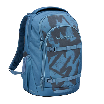 Blauer Schulrucksack mit grafischem Muster und mehreren Fächern für Bücher und Utensilien.
