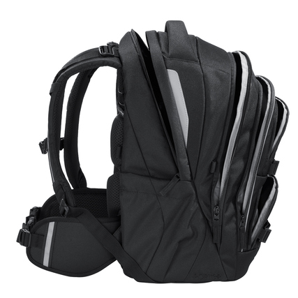 Schulrucksack COOCAZOO PORTER Black Coal in seitlicher Ansicht mit mehreren Fächern.