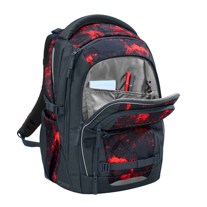 Schulrucksack PORTER Broken Black mit offener Fronttasche und sichtbarem Innenteil in rot und grau.
