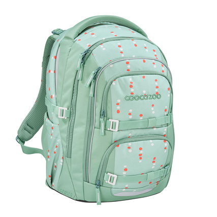 Schulrucksack in mintgrün mit Punkten, mehreren Fächern und ergonomischen Tragegriffen.
