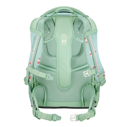 Schulrucksack in mintgrün mit bunten Punkten, ergonomischem Design und verstellbaren Riemen.