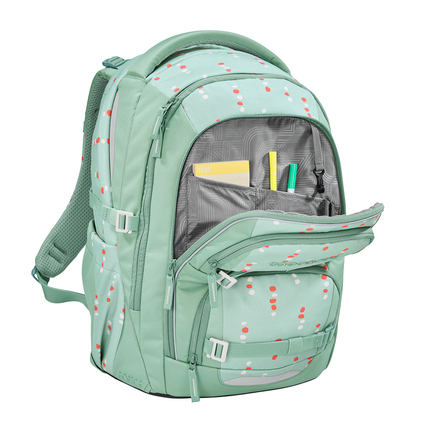 Schulrucksack in mintgrün mit Punkten, geöffnet und mit Inhalt, hinten seitlich abgebildet.